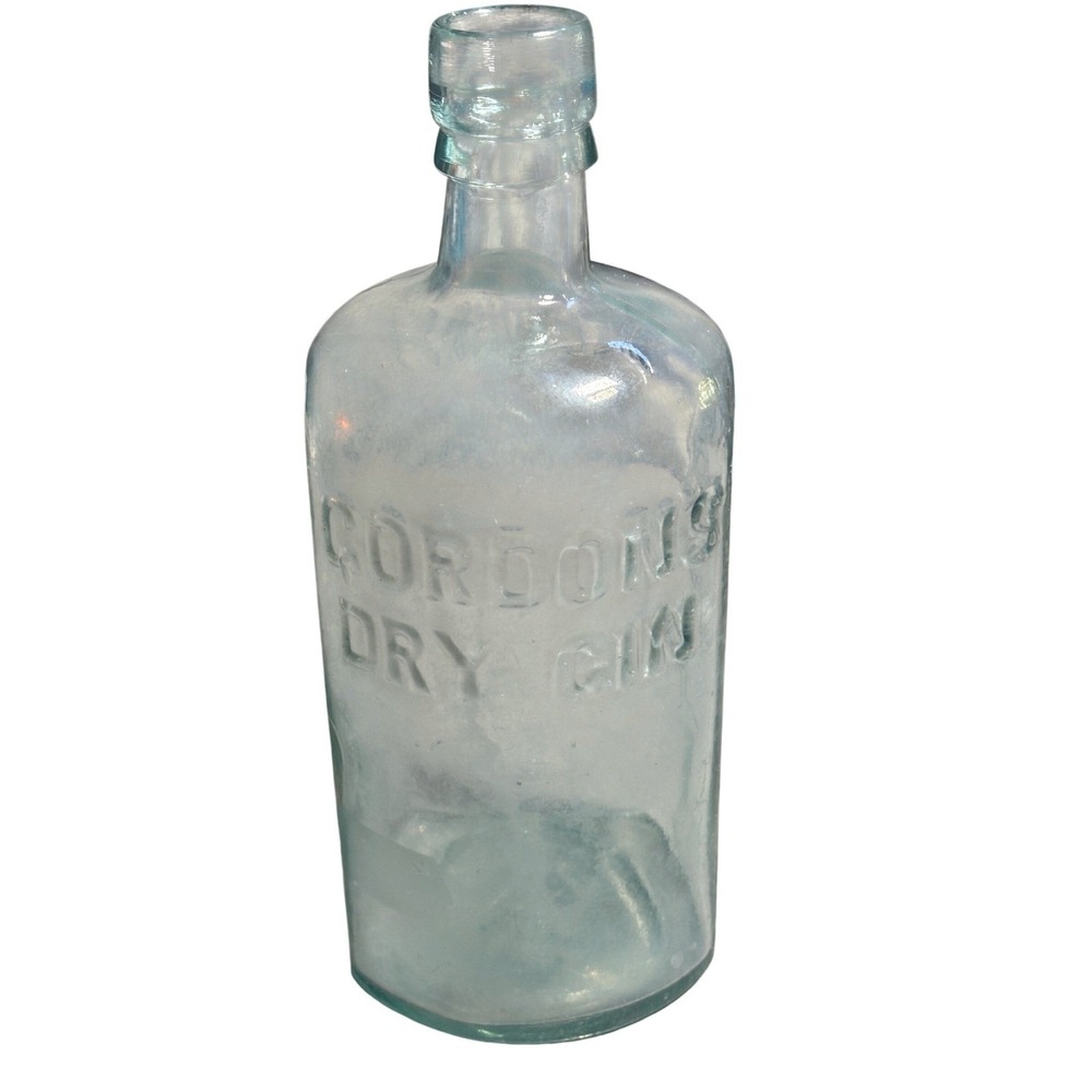 Antique Gordons Dry‎ Gin Bottle Aqua Glass Embossed London England REGD 610617